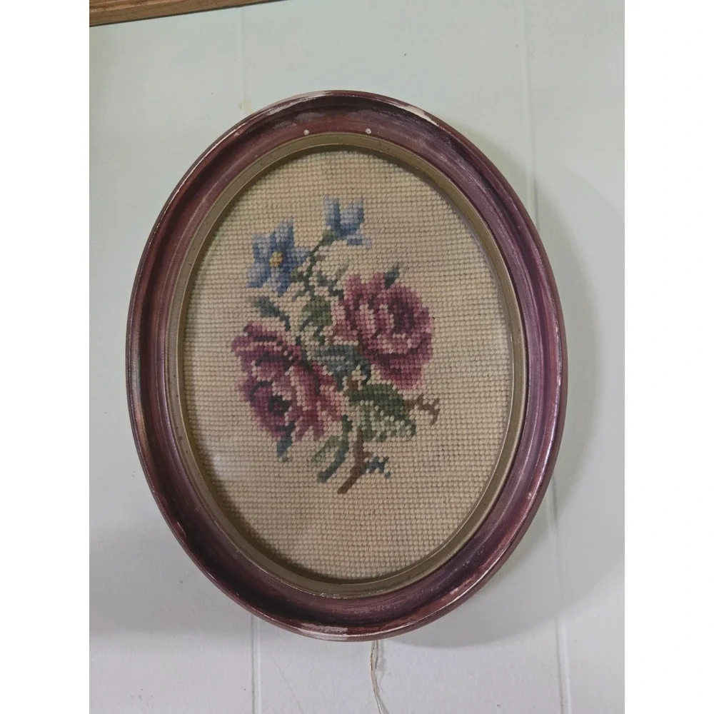 Vintage Floral Needlepoint Oval Wood Frame Pink Roses Blue Flowers Wall Art